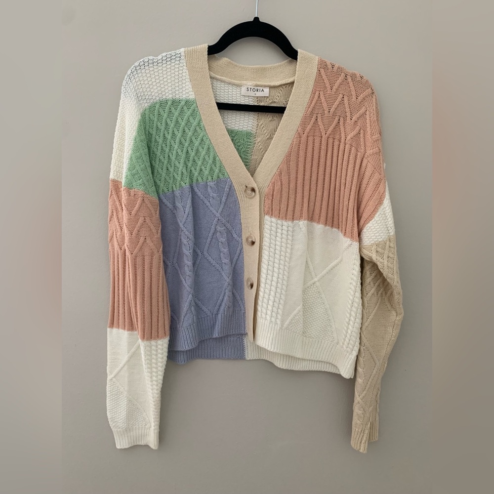 Storia Colorblock Cardigan in Cream, Pink, Green, and Purple